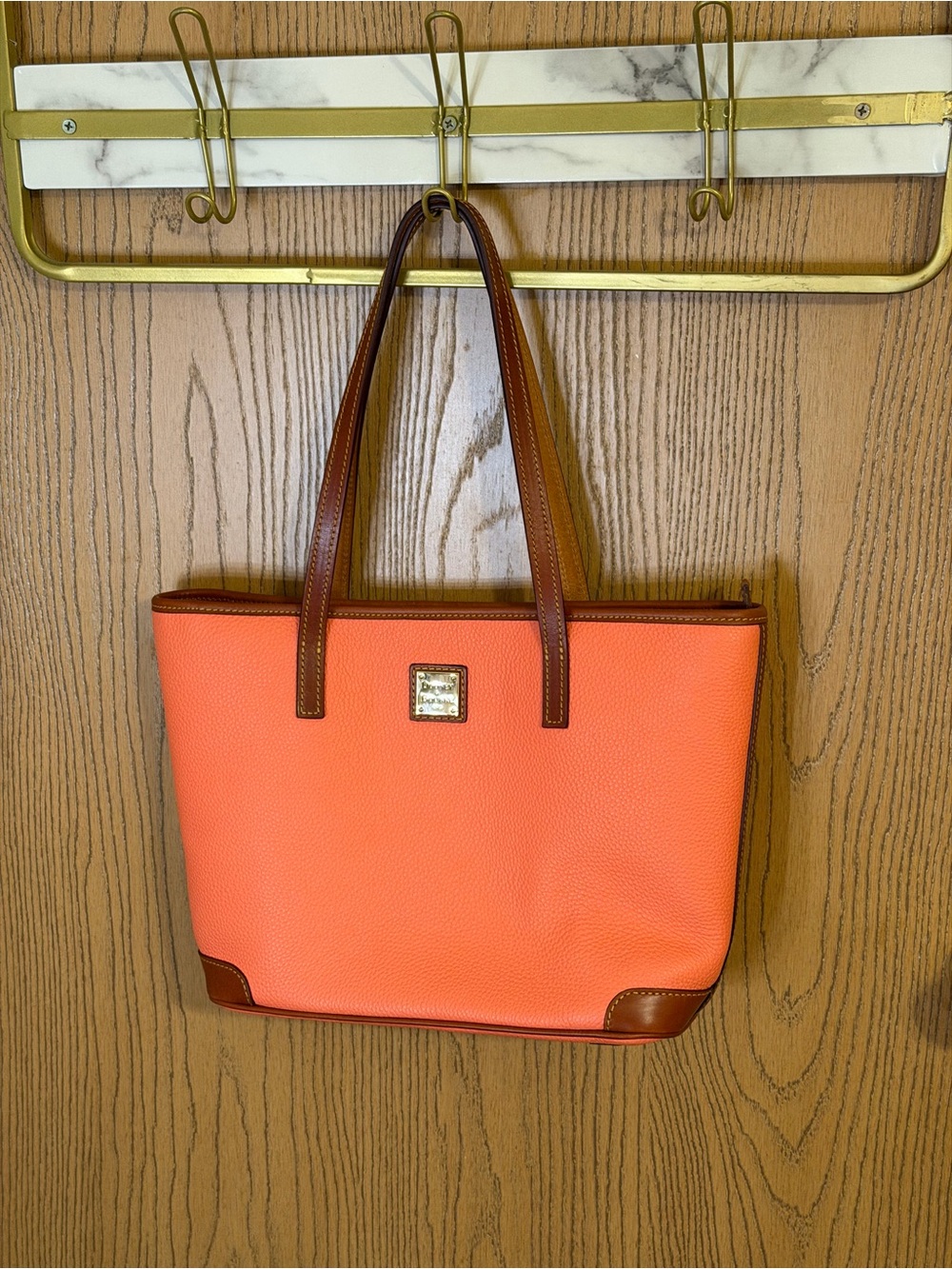 Dooney & Bourke Orange Pebbled Tote Zip Top Exterior Pocket Red Lining Gold